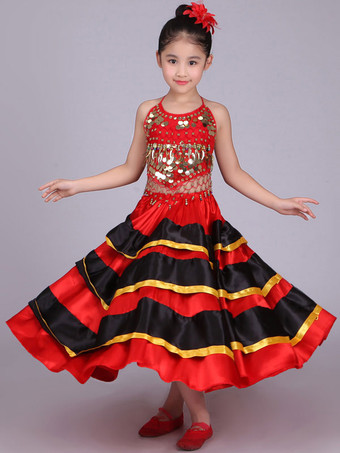 フラメンコ 衣装 レッド ダンス 衣装 スカート 子供用 ポリエステル コスチューム 社交ダンス ハロウィン イベント パーティー 団体服 ベリーダンス 衣装