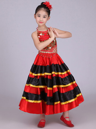 フラメンコ 衣装 レッド ダンス 衣装 スカート 子供用 ポリエステル コスチューム 社交ダンス ハロウィン イベント パーティー 団体服 ベリーダンス 衣装