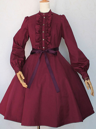 古典的なロリータOPドレスボウフリルボタンの装飾コットンプリーツロリータワンピースドレス