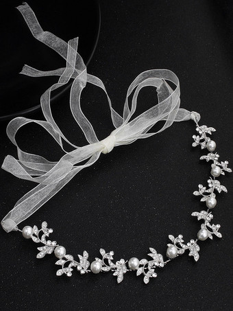 シルバーウェディングヘッドバンドヘッドピースラインストーンビーズリボンビーチブライダルヘアアクセサリー