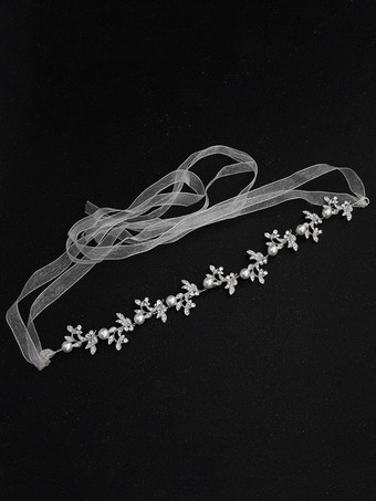 シルバーウェディングヘッドバンドヘッドピースラインストーンビーズリボンビーチブライダルヘアアクセサリー