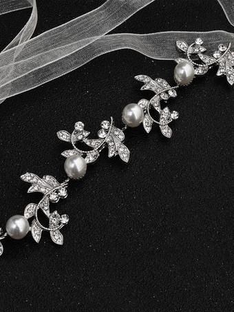 シルバーウェディングヘッドバンドヘッドピースラインストーンビーズリボンビーチブライダルヘアアクセサリー