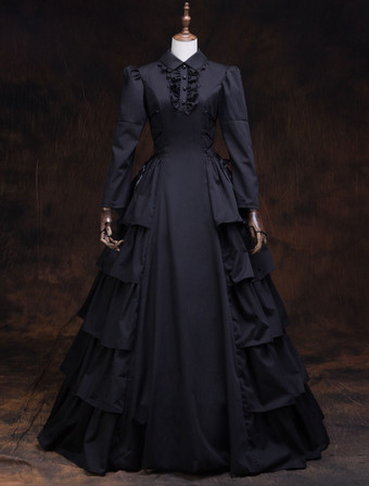 Victorian Dress Costume Prom Dress Black Ruffles Masquerade Ball Gowns Long Sleeves lapel Victoria Era Clothing Retro Costume Halloween
