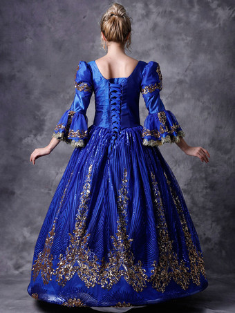 プリンセス 女性用 貴族ドレス 中世 ドレス ブルー 七分袖 ポリエステル マルディグラ ドレス ロイヤル 中世 ドレス・貴族ドレス ヨーロッパ 宮廷風 レトロ