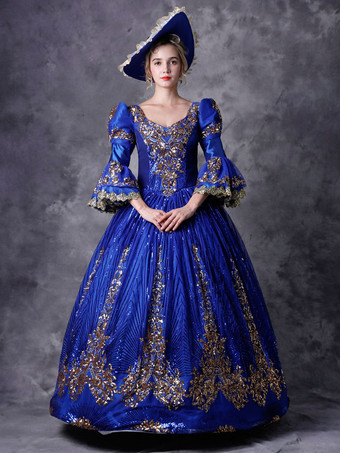 プリンセス 女性用 貴族ドレス 中世 ドレス ブルー 七分袖 ポリエステル マルディグラ ドレス ロイヤル 中世 ドレス・貴族ドレス ヨーロッパ 宮廷風 レトロ