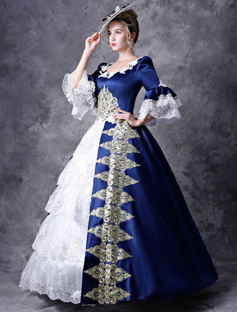 プリンセス 女性用 貴族ドレス 中世 ドレス ブルー 五分袖 ポリエステル マルディグラ ドレス ロイヤル 中世 ドレス・貴族ドレス ヨーロッパ 宮廷風 レトロ