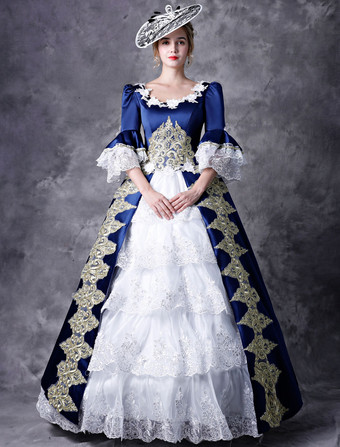 プリンセス 女性用 貴族ドレス 中世 ドレス ブルー 五分袖 ポリエステル マルディグラ ドレス ロイヤル 中世 ドレス・貴族ドレス ヨーロッパ 宮廷風 レトロ