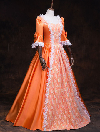 プリンセス 女性用 貴族ドレス 中世 ドレス オレンジ 五分袖 ポリエステル マルディグラ ドレス ロイヤル 中世 ドレス・貴族ドレス ヨーロッパ 宮廷風 レトロ