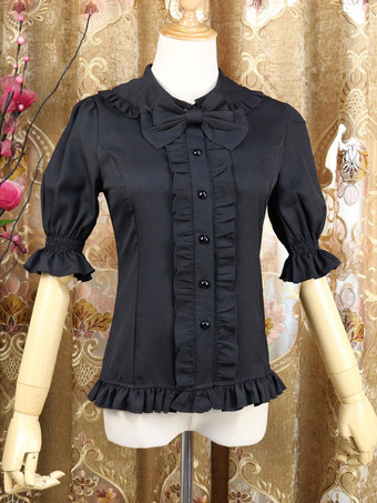 Sweet Lolita Shirt Bow Frill Peter Pan Collar Black Chiffon Half Sleeve Lolita Top