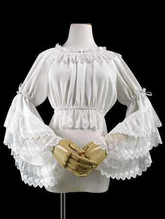 ホワイト 甘いロリータブラウスレースフリル弓姫スリーブシフォンブラックロリータクロップトップ