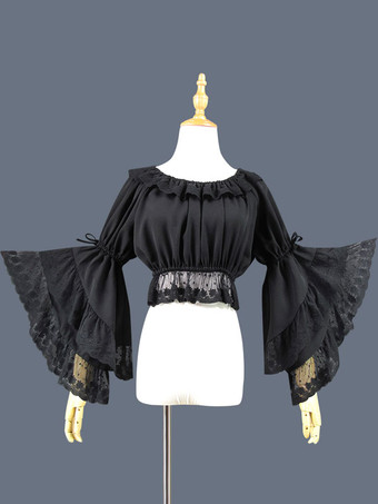 甘いロリータブラウスレースフリル弓姫スリーブシフォンブラックロリータクロップトップ