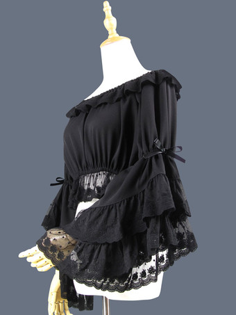 甘いロリータブラウスレースフリル弓姫スリーブシフォンブラックロリータクロップトップ