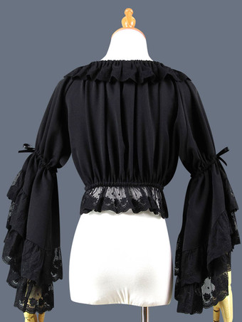 甘いロリータブラウスレースフリル弓姫スリーブシフォンブラックロリータクロップトップ