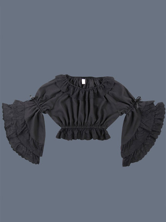 甘いロリータブラウスレースフリル弓姫スリーブシフォンブラックロリータクロップトップ