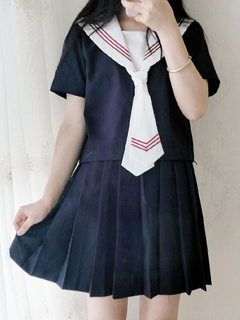 Sailor Style Lolita Outfit Blue Stripe Tie Two Tone Short Sleeve Top With Pleated Skirt