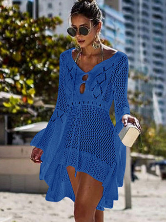 ロイヤルブルークローシェ編みカバーアップドレスレディース　2025　Vネック　ロングスリーブ　シアービーチドレス