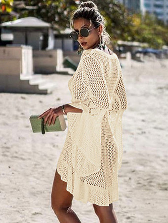 クローシェ編みカバーアップドレスレディース　2025　Vネック　ロングスリーブ　シアービーチドレス