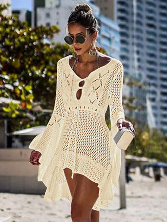 アイボリー クローシェ編みカバーアップドレスレディース　2025　Vネック　ロングスリーブ　シアービーチドレス