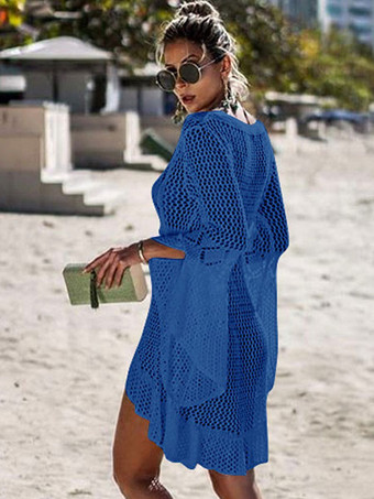 クローシェ編みカバーアップドレスレディース　2025　Vネック　ロングスリーブ　シアービーチドレス