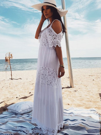 White Boho Dress Women Maxi Dress Lace Half Sleeve Cold Shoulder Beach Dress  - Milanoo.Com