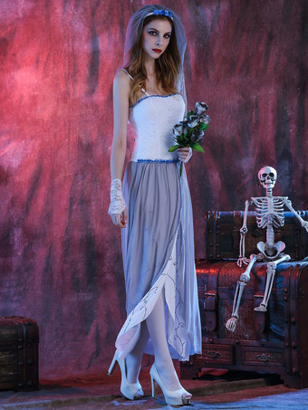 ハロウィンコスチュームホワイトヘッドウェアワンピースポリエステル女性死体花嫁セットホリデーコスチューム