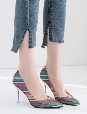 ハイヒール ポインテッドトゥ パンプス グリッター ゴールド 9cm ピンヒール ストライプ シューズ ハイヒールシューズ レディース靴 結婚式 二次会 通勤用 仕事 キャバ 卒園式 卒園式