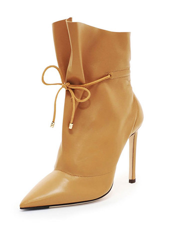 ショートブーツ ポインテッドトゥ ブーティ シック＆モダン レディースブーツ ライトブラウン ピンヒール 12cm ポリエステル パーティー 無地 シューズ レディース靴