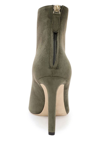 ショートブーツ ポインテッドトゥ ダークグリーン ブーティ レディースブーツ ピンヒール 12cm 靴の甲の素材：PVC ジッパー パッチワーク柄 アウトドア レディース靴 シューズ