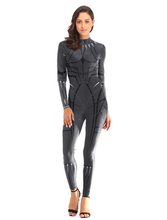 女性のスーパーヒーローの衣装ブラックパンサーポリエステルプリントジャンプスーツハロウィン
