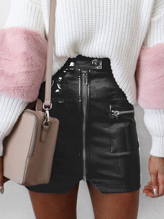 ブラック セクシーなミニスカート　2025　レザーのような　ジッパー　ショートボディコンスカートポケット付き