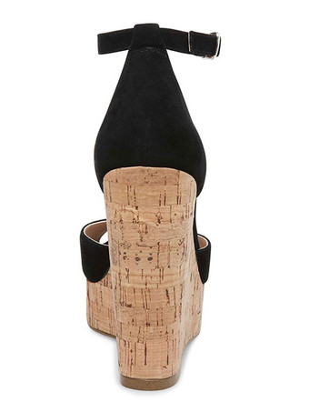 Schwarzer Keil Sandalen Wildleder Peep Toe Plattform Knöchelriemen Sandale Schuhe für Frauen