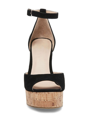 Schwarzer Keil Sandalen Wildleder Peep Toe Plattform Knöchelriemen Sandale Schuhe für Frauen