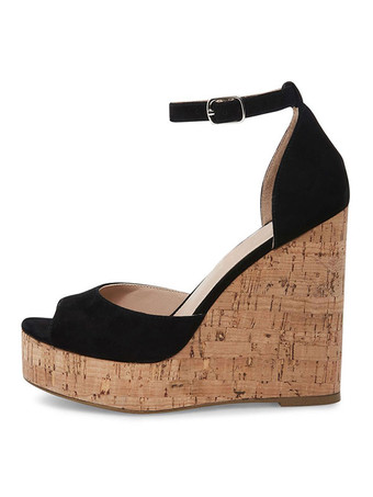 Schwarzer Keil Sandalen Wildleder Peep Toe Plattform Knöchelriemen Sandale Schuhe für Frauen