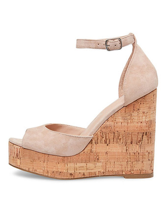 Schwarzer Keil Sandalen Wildleder Peep Toe Plattform Knöchelriemen Sandale Schuhe für Frauen