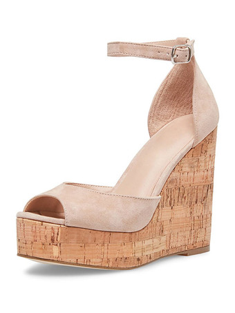 Nude TönenSchwarzer Keil Sandalen Wildleder Peep Toe Plattform Knöchelriemen Sandale Schuhe für Frauen