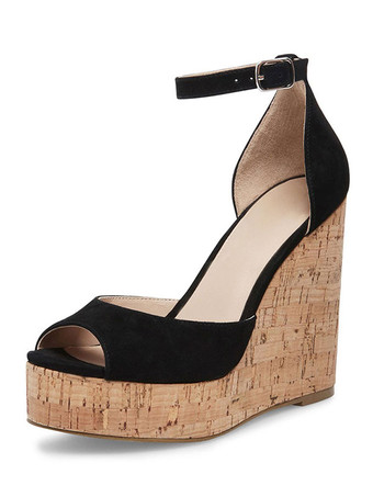 SchwarzSchwarzer Keil Sandalen Wildleder Peep Toe Plattform Knöchelriemen Sandale Schuhe für Frauen