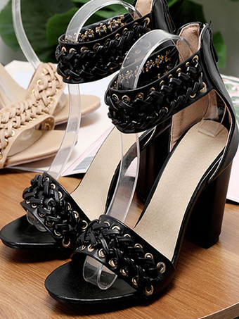 ハイヒールサンダルレディース　2025　オープントゥ　グロメットディテール　アンクルストラップサンダルシューズ　ブロックヒールサンダルシューズ