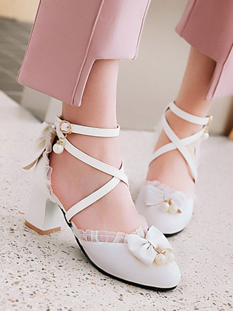 甘いロリィタ履物ボウレースハイヒールPUレザーロリータパンプスシューズ