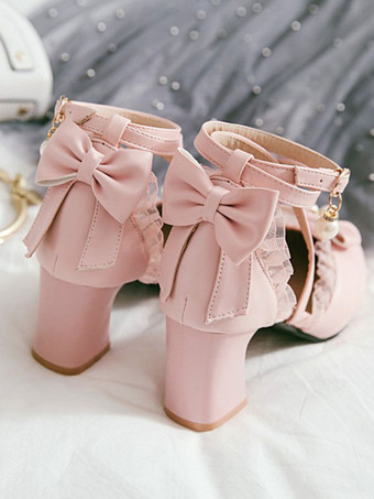 ピンク甘いロリィタ履物ボウレースハイヒールPUレザーロリータパンプスシューズ