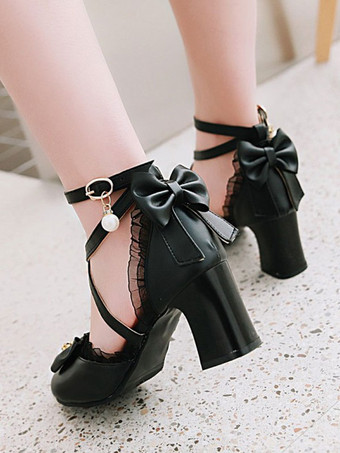 甘いロリィタ履物ボウレースハイヒールPUレザーロリータパンプスシューズ