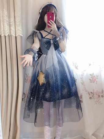 Sweet Lolita JSK Dress Stars Print Bows Blue Lolita Jumper Jupes