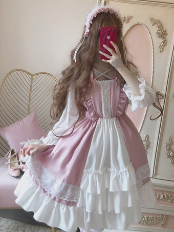 Sweet Lolita OP Dress Pink Strawberry Aulait Ruffles encaje mangas largas Lolita Vestidos de una pieza