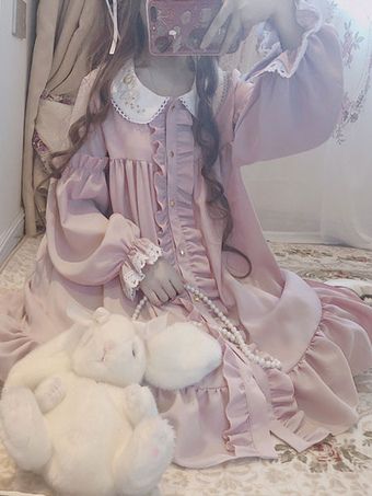 Sweet Lolita OP Dress Stars Pink Ruffle Long Sleeves Lolita One Piece Dresses