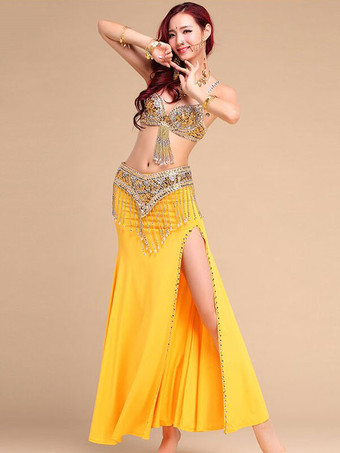 イエローダンス 衣装 ローズレッド ベリーダンス衣装 大人用 社交ダンス衣装 トップス スカート カマーバンド 女性用 セクシー ポリエステル