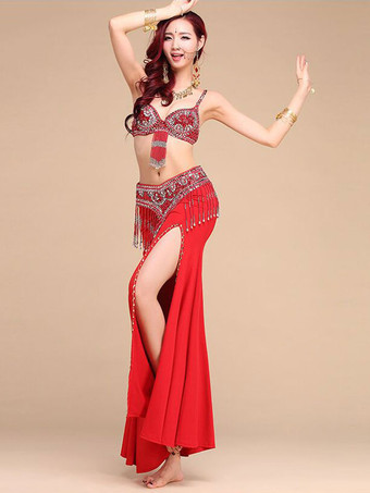 レッド ダンス 衣装 ローズレッド ベリーダンス衣装 大人用 社交ダンス衣装 トップス スカート カマーバンド 女性用 セクシー ポリエステル