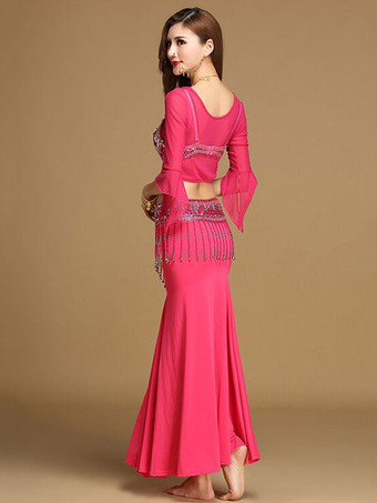 ダンス 衣装 ローズレッド ベリーダンス衣装 大人用 社交ダンス衣装 トップス スカート カマーバンド 女性用 セクシー ポリエステル