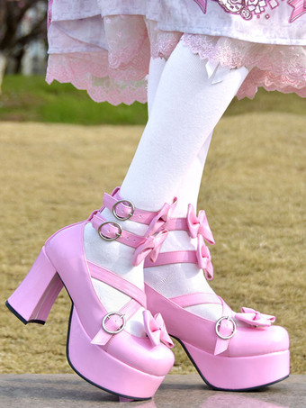 Sweet Lolita Pumps Pink Bows High Heel Platform PU Leather Lolita Shoes