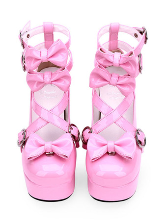 甘いロリータパンプスピンクの弓ハイヒールプラットフォームPUレザーロリータ靴