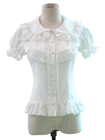 Sweet Lolita Shirt White Lace Ruffle Short Sleeves Lolita Top