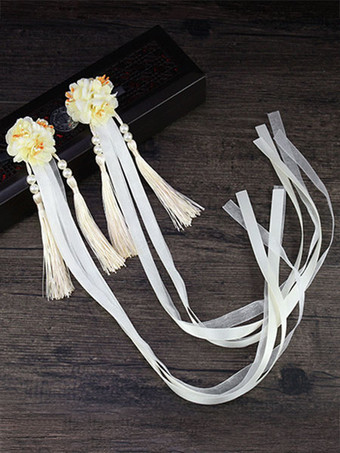 ベージュロリータ髪飾り中国風フリンジ 花リボン ロリータヘアアクセサリー